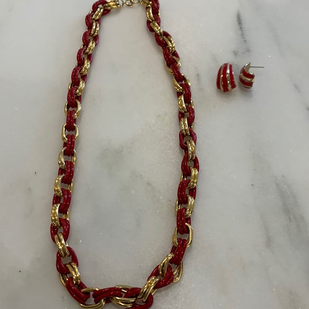Red and gold tone‎ link necklace and  earrings.